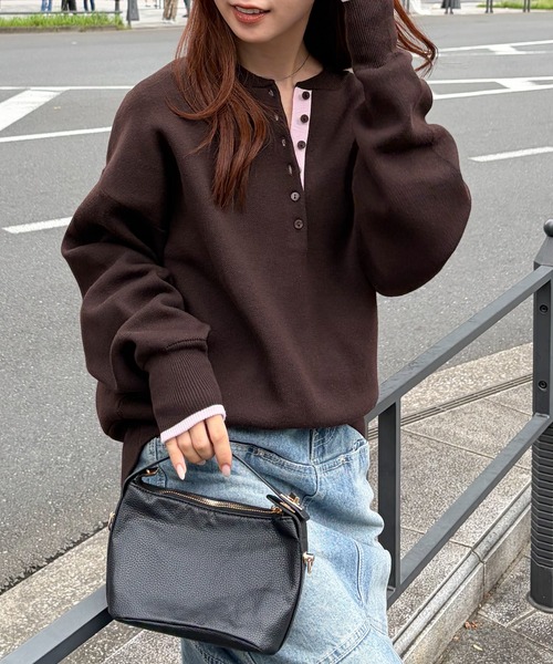 ニット セーター 配色ヘンリーネックスウェットライクニット レディース | RANAN | 23