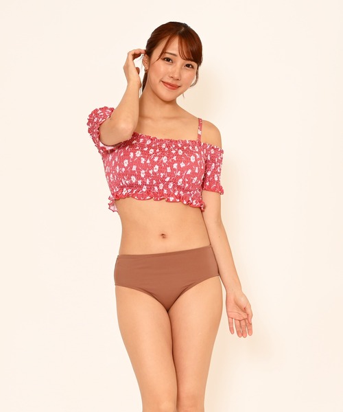 LEAD（リード） 水着 3点セット小花柄シャーリングオフショルビキニ