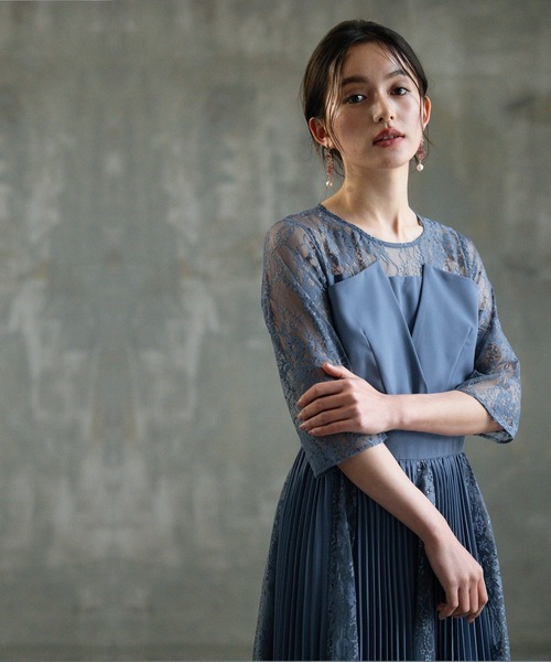 ★全2色★プリーツ ワンピース ドレス ミモレ丈 DRESS+ ワンピース ドレス レース袖 ミモレ丈 結婚式 披露宴