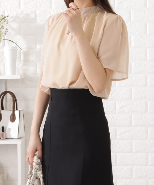 Lace Ladies ブラウス シャツ プチハイネックフレアスリーブ半袖