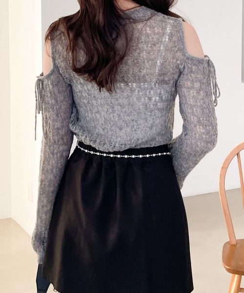 背面リボンがポイントHermesミックスニットスペンサージャケット Heather ニット セーター 肩開きメッシュリボンニット 106235