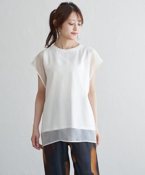 tシャツ 異素材シャーリング フレンチ プルオーバー レディース ＆HALF tシャツ フレンチスリーブプルオーバー レディース