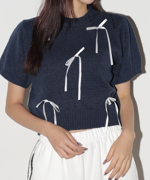 tシャツ リボンタイニット レディース 配色ライン入りボウタイりぼんニットプルオーバー