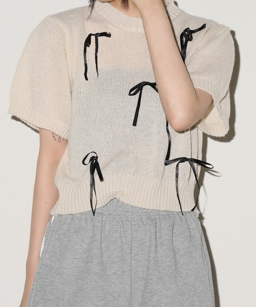 tシャツ リボンタイニット レディース Chick tシャツ Ribbon Knit Tops / リボンニットトップス