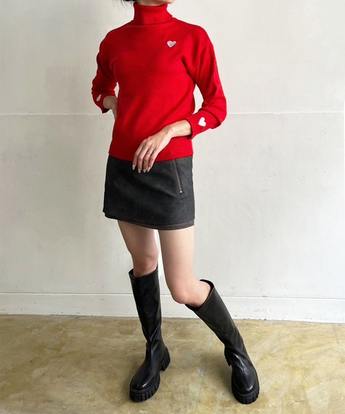 Jewelobe ニット セーター ハート刺繍タートルネックニット