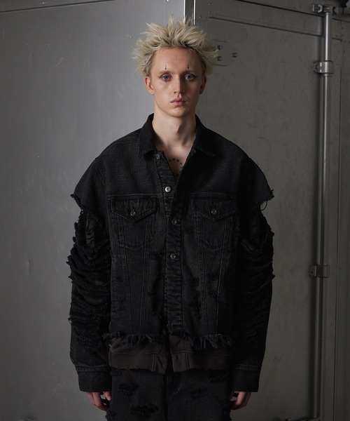 フ*郎様 【GRANCY】スウェットドッキングデザインダメージデニムジャケット GRANCY デニムジャケット gジャン 「GRANCY」Sweat Docking Design