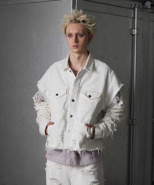 【新品】【GRANCY】スウェットドッキングデザインダメージデニムジャケット　S GRANCY デニムジャケット gジャン 「GRANCY」Sweat Docking Design