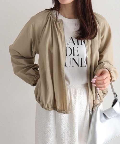 LASUD♡春使える！ノーカラーブルゾン♡新品　ライナー付 Pierrot ブルゾン アウター 撥水・UVカットノーカラーギャザー