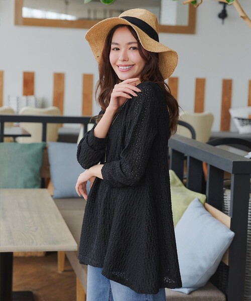 tシャツ 花柄カットレースフレアトップス レディース