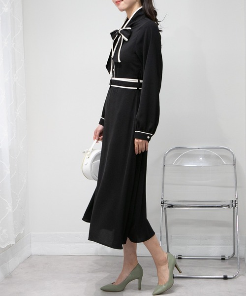 pumpkin port ワンピース 配色ボウタイリボン ベルト付ロング