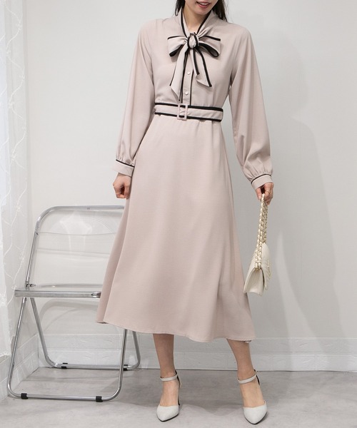 pumpkin port ワンピース 配色ボウタイリボン ベルト付ロング