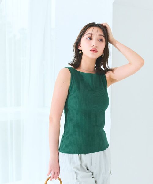 タンクトップ ノースリーブ カップ付きボートネックタンク 「低身長