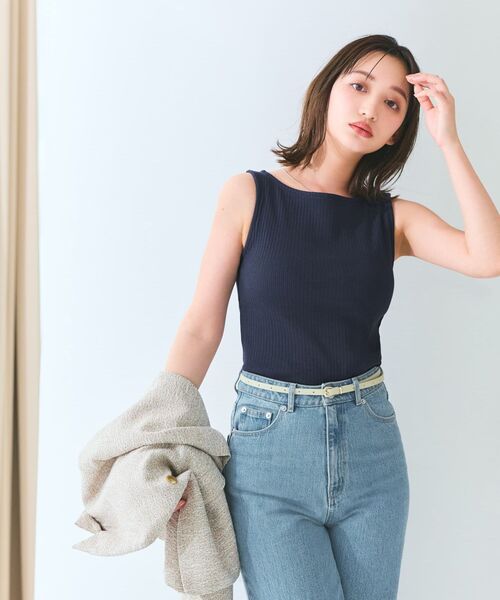 タンクトップ ノースリーブ カップ付きボートネックタンク 「低身長