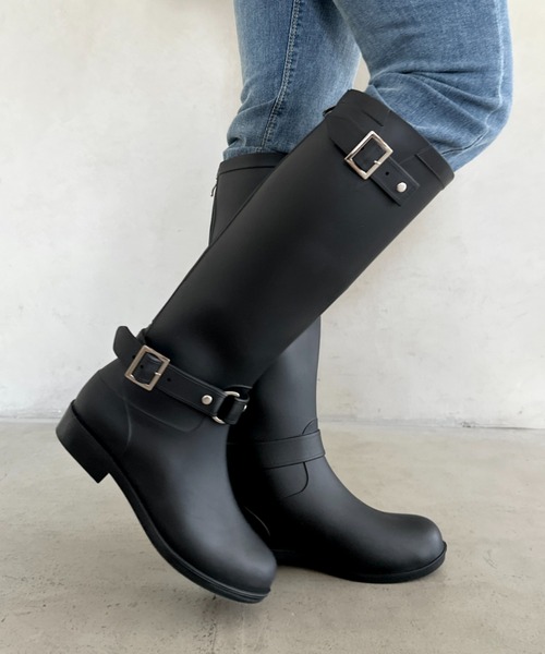 長靴 レインブーツ ベルトデザインバックジッパーロングレインブーツ