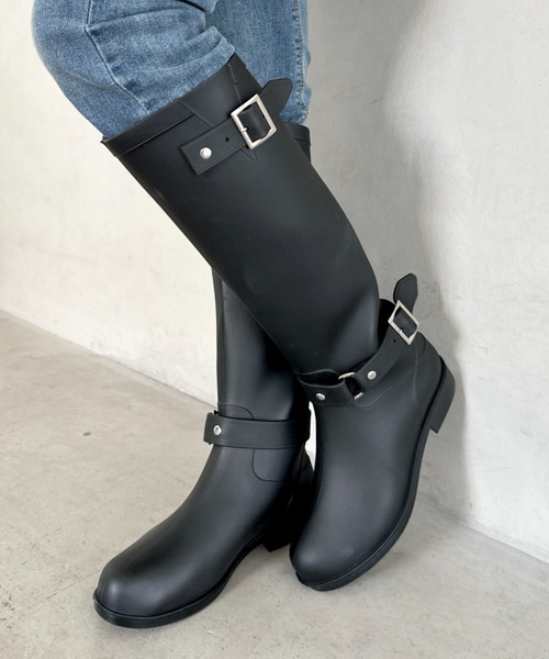 長靴 レインブーツ ベルトデザインバックジッパーロングレインブーツ