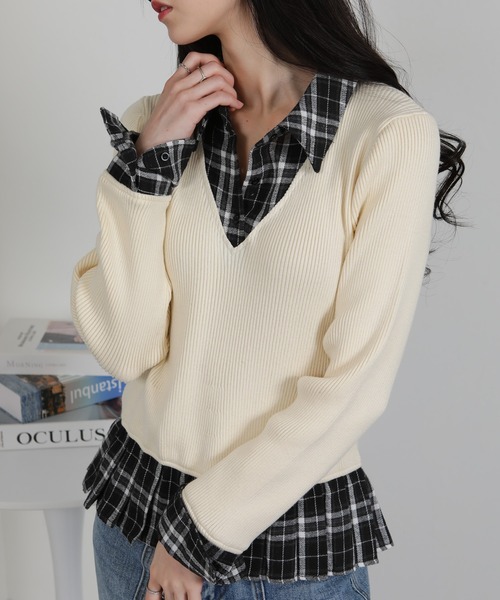 pumpkin port（パンプキンポート） tシャツ リブ×チェックプリーツ 