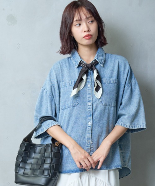 A.D.C.L. ブラウス シャツ 半袖 ダブルポケット 半袖 デニム ビッグ