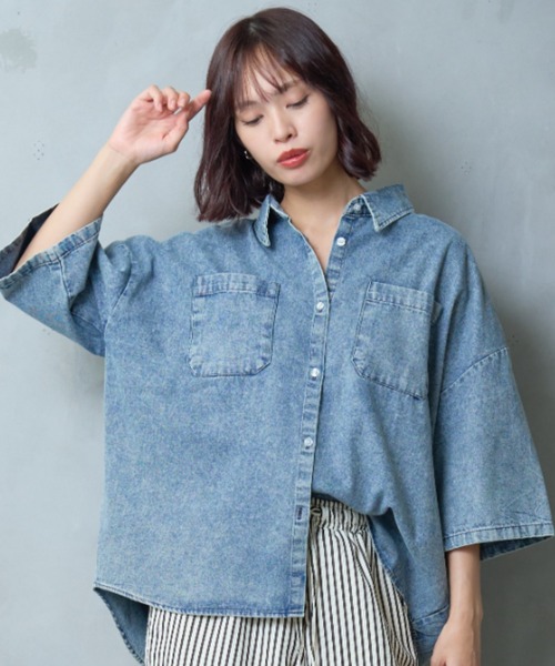 A.D.C.L. ブラウス シャツ 半袖 ダブルポケット 半袖 デニム ビッグ