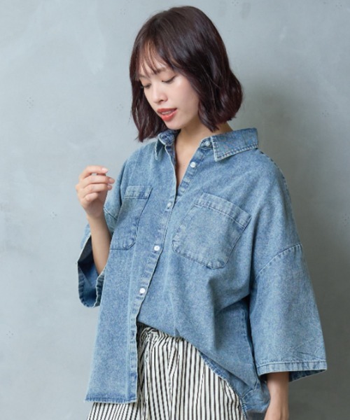 A.D.C.L. ブラウス シャツ 半袖 ダブルポケット 半袖 デニム ビッグ