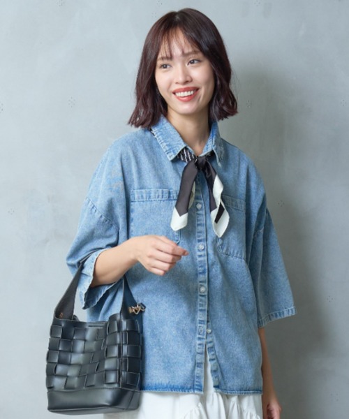 A.D.C.L. ブラウス シャツ 半袖 ダブルポケット 半袖 デニム ビッグ