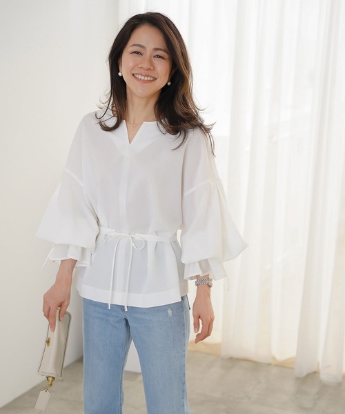 シャツ+ブラウス(半袖+袖なし) le.ema balloon sleeve blouse ＆BLOOM ブラウス シャツ 2way ベルト付き バルーン袖 ブラウス