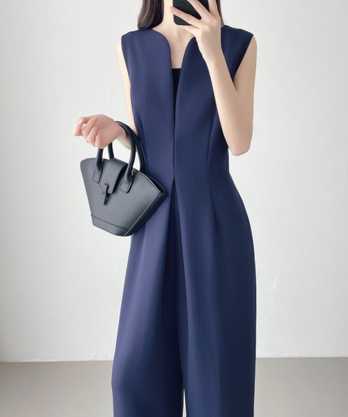 LINEN ワイド オールインワン セール】スキッパーネックワイドシルエットオールインワン
