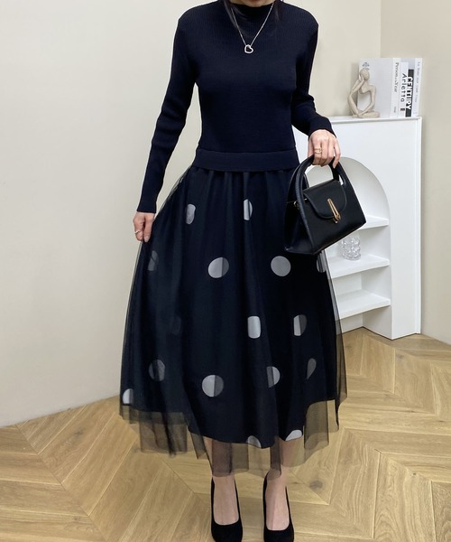 Riuチュールスカート付き長袖ワンピース(完売品) ワンピース チュールスカート切り替えドットワンピース : ZOZOTOWN