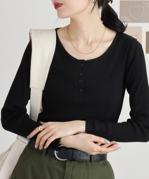 atONE（アットワン） tシャツ ランダムリブヘンリーネックTシャツ 長袖