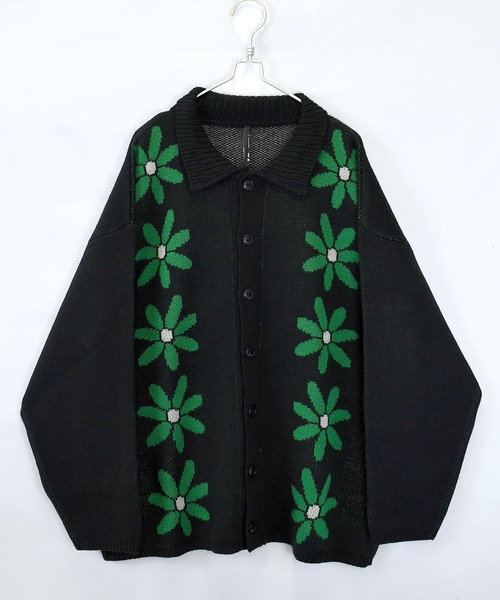 おしゃれスタ カーディガン ジャガードフラワー柄襟付きカーディガン