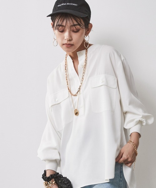 ブラウス シャツ 衿リブブラウス 「大きいサイズ有」シックスタイル レディース CHIC STYLE ブラウス シャツ リブ衿Vネックブラウス 「大きい