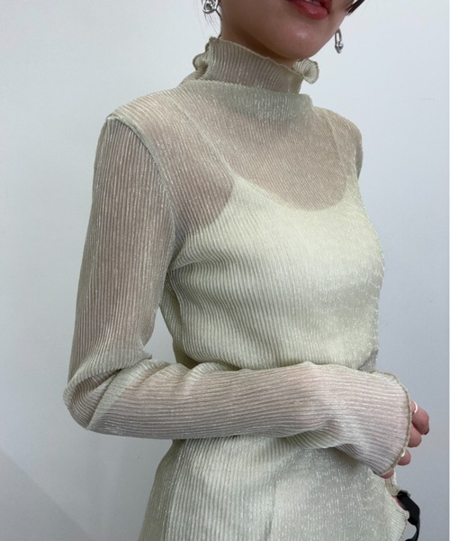 tシャツ Tシャツ ラメプリーツシアータートルトップス レディース  