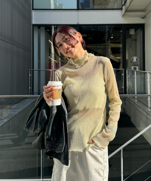 tシャツ Tシャツ ラメプリーツシアータートルトップス レディース  