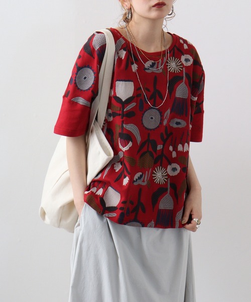 tシャツ EMAGO お花全面刺繍Ｔ レディース 楽天市場】スマイル刺繍Tシャツ emago 夏 Tシャツ お花 刺繍