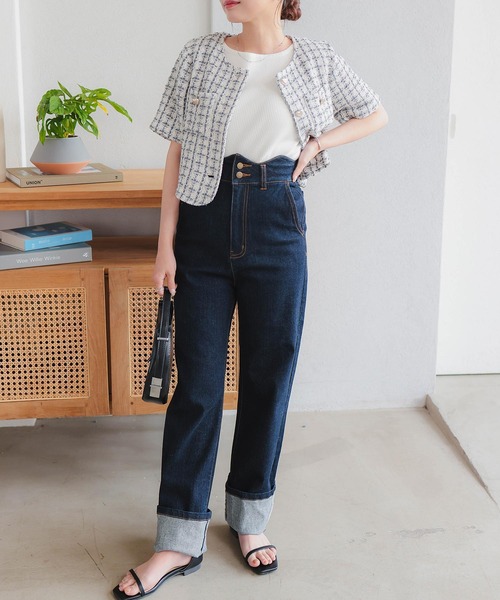 CANAL JEAN ロールアップハイウエストデニムパンツ　Lサイズ ジーンズ デニム デニムパンツ 「 低身長向けサイズ 」 ウエスト