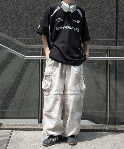 Perushu tシャツ 襟付き立体シルバープリントゲームシャツ メンズ