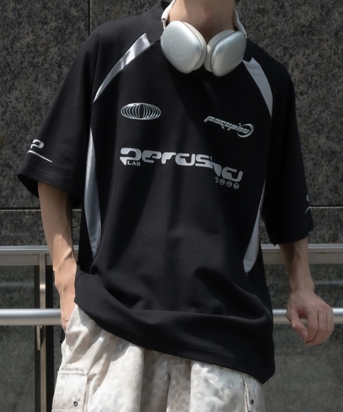 Perushu tシャツ 襟付き立体シルバープリントゲームシャツ メンズ 