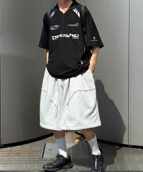 Perushu tシャツ 襟付き立体シルバープリントゲームシャツ メンズ