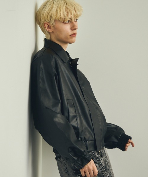 【未使用品】ホームスパン高密度ウエポンショート丈ブルゾン ジャケット Shoowtime ブルゾン アウター Synthetic leather short blouson