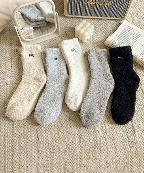 mosox 靴下 「MOSOX」リボン刺繍のもこもこルームソックス5点セット