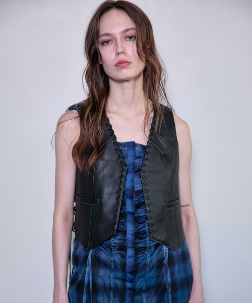 ベスト ジレ Lace Up Short Length Vegan Leather Vest/レースアップショートヴィーガンレザーベスト「MAISON