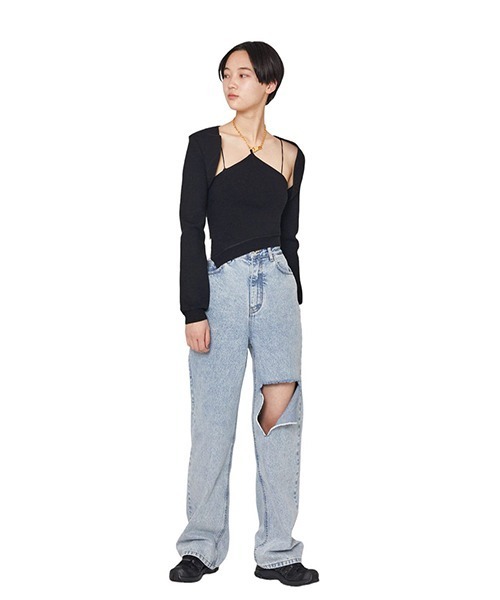 tシャツ Rokh / ロク：CHAIN HALTER NECK KNIT TOP WITH SLEEVE：R24SF302「ANN」 レディース rokh tシャツ Rokh / ロク：CHAIN HALTER NECK KNIT TOP WITH