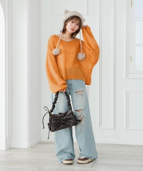 【LycoAn】リッピングプルオーバーセーター　/透かし編み/ダメージ加工/ゆるニット miniministore 透かし編み ゆるニットプルオーバー韓国風【ゆう
