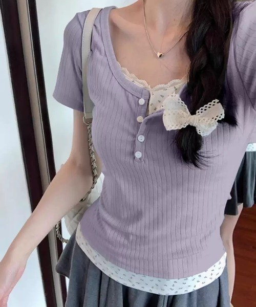【美品】レオナール ピンク花柄 ヘンリーネックカットソー 水色 38 Mサイズ Mejoul tシャツ ヘンリーネック花柄フェイクレイヤードリブT