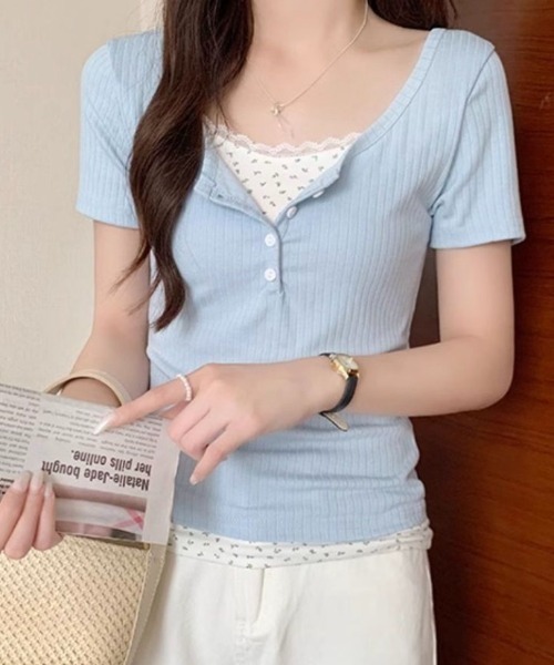 Mejoul ヘンリーネック tシャツ 半袖 ヘンリーネック花柄フェイク