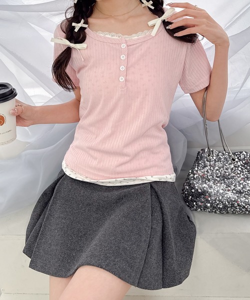【美品】レオナール ピンク花柄 ヘンリーネックカットソー 水色 38 Mサイズ Mejoul tシャツ ヘンリーネック花柄フェイクレイヤードリブT