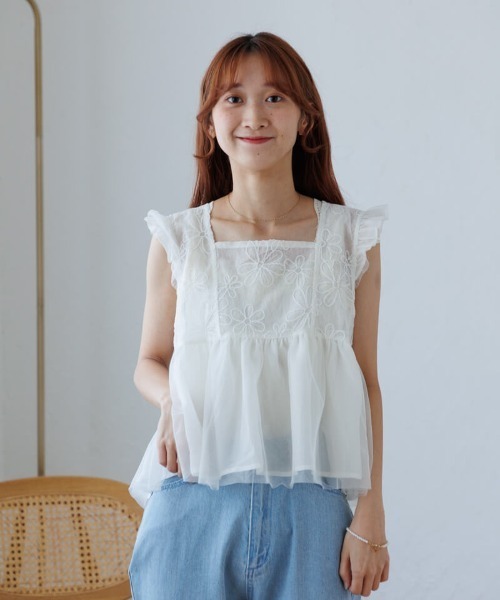 トップス flower scallop couture blouse flower ブラウス シャツ スパングルフラワートップ レディース