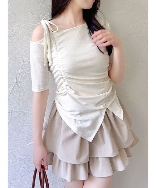 tシャツ ワンショルギャザーカットトップス レディース