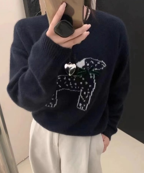 Sibra（シブラ） ニット セーター 立体リボン付き 犬柄ジャカード