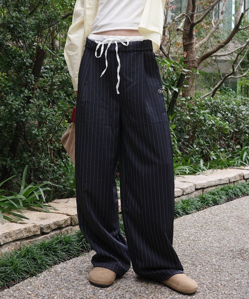 黒 ストライプ ワイドパンツ スラックス パンツ ピンストライプワイドパンツ レディース : ZOZOTOWN