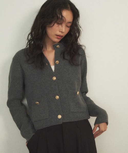 シェリエ　sheller ニットカーディガン　グリーン　金ボタン　配色　ブラック Gold Button Frill Knit Set up – shéller / シェリエ